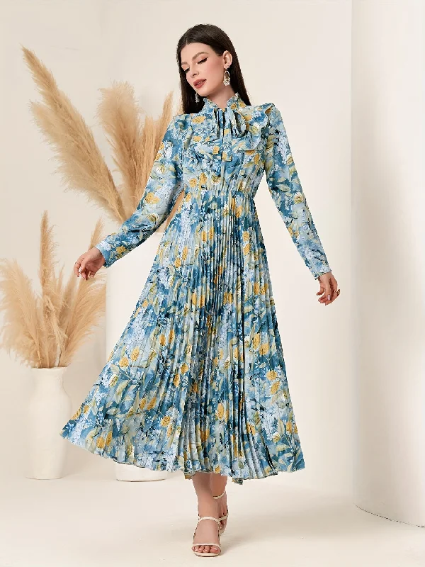 Fashion Forward, Function First Vibrant Floral Print Tie Neck A-Line Swing Dress - Elegant Long Sleeve Pleated Design, Soft Fabric, Comfortable Fit, Perfect for Spring & Fall, Women's Clothing, Occasional Wear