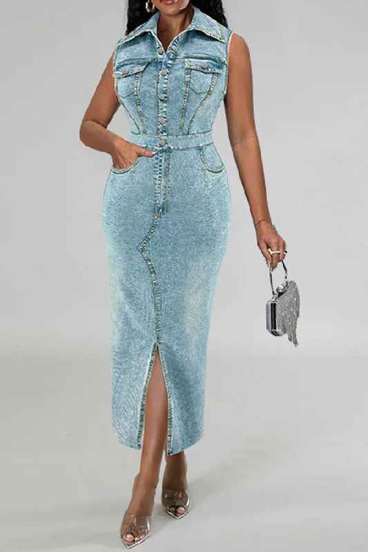 Trend Setting Wardrobe Solid Color Washed Denim Cozy Mid-Slit Maxi Dress