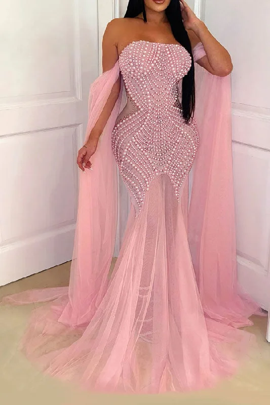 Grab Romantic Date - Night Styles Now Mesh Patchwork Faux Pearl Decor Girly See-Through Maxi Dress