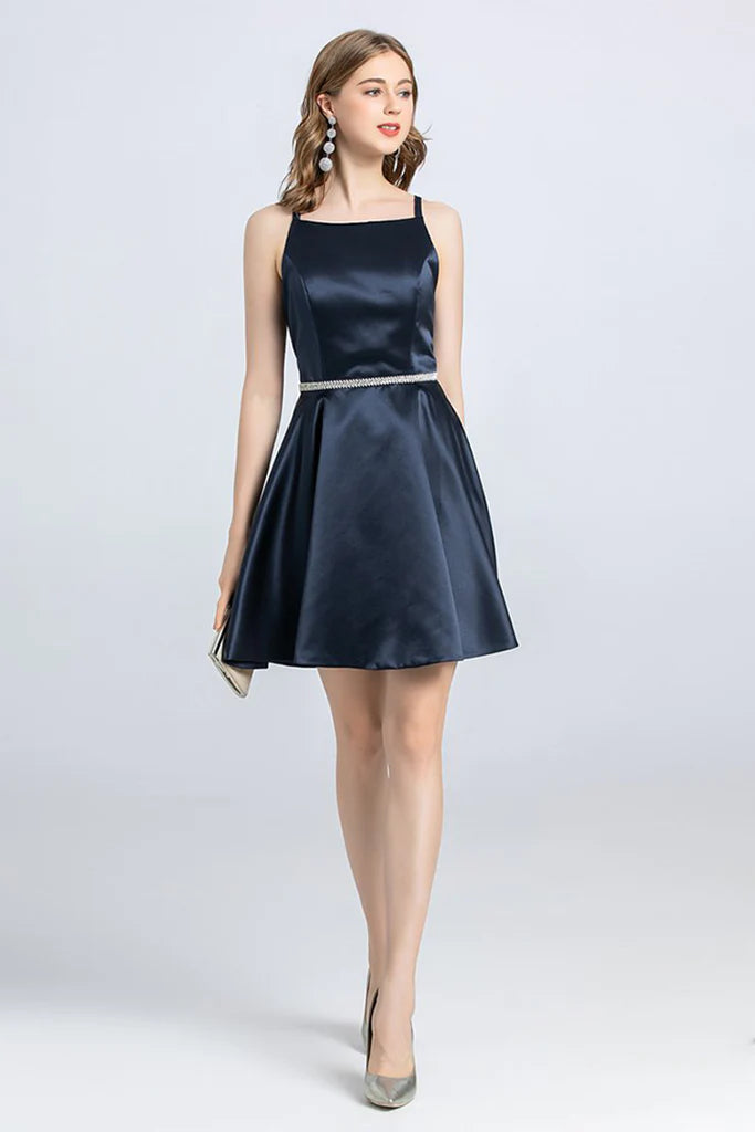 New Styles Just In A-Line Spaghetti Strap Sleeveless Open Back Satin Homecoming Dress