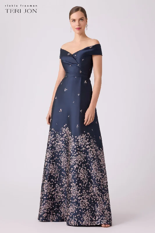 The Latest Fashion Trends Jacquard Floral Border Cuff Bodice Gown