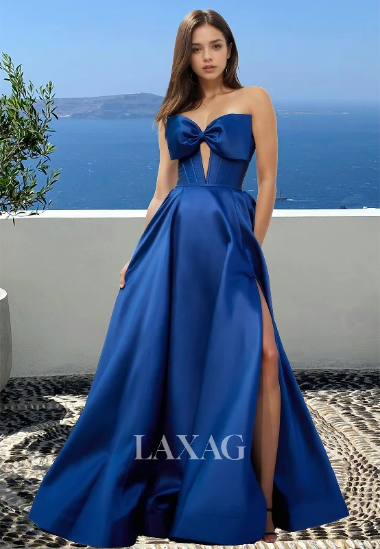 Formal Garments For Women Stylish Basics A-Line Off-Shoulder Sleeveless Party Gowns Bow Sweetheart Cutout Prom Dress with High Slit