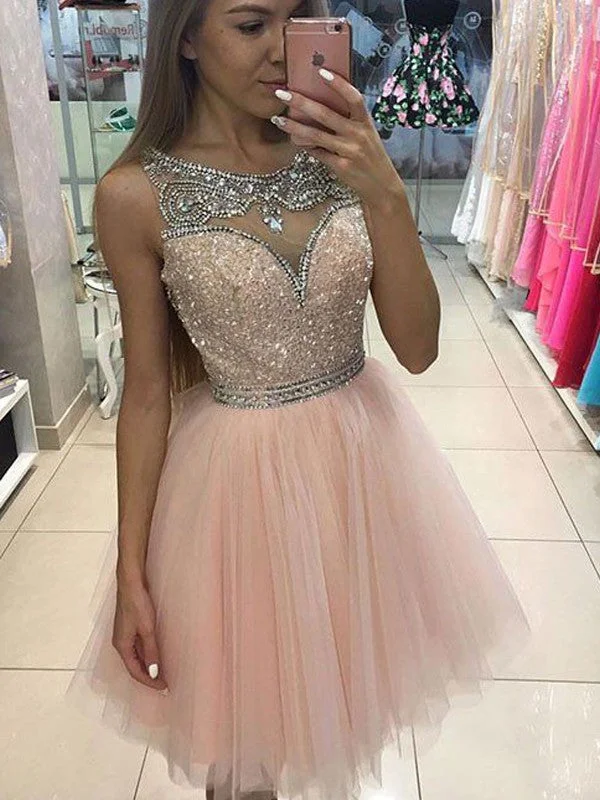 Catch Every Fashion Trend A-Line/Princess Sleeveless Scoop Beading Short/Mini Tulle Dresses