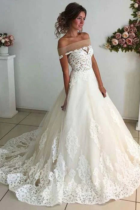 Eclectic Style Wardrobe Affordable Lace Unique Off the Shoulder Online Charming Long Tulle Wedding Dress