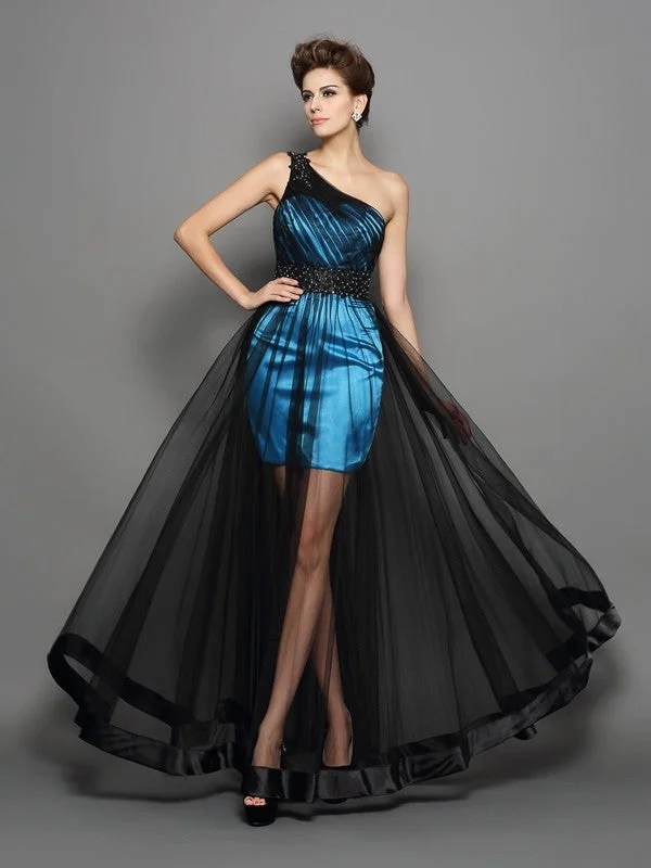 Feminine Elegance A-Line/Princess One-Shoulder Ruched Sleeveless Long  Woven Satin Dresses