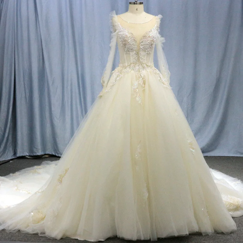 Unbeatable Prices Ball Gown Sheer Long Sleeves Tulle Bride Wedding Dress