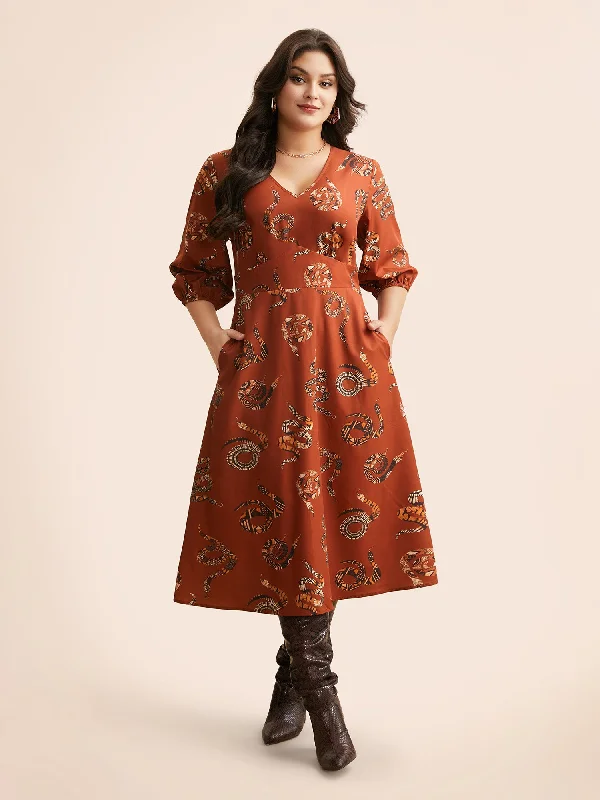 Limited Time Offers Snake Print Lantern Sleeve Midi Dress