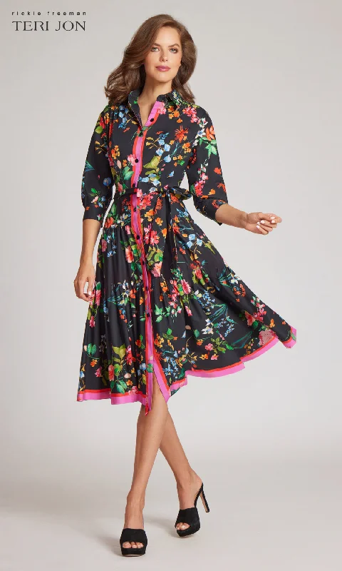 Trend Forward Women's Wear Floral Flounce Hem Shirt Dress