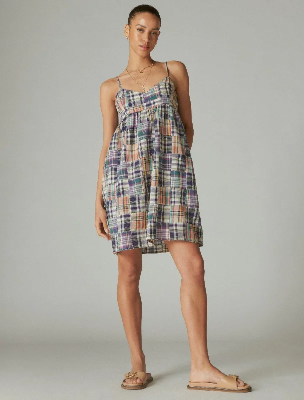 Season Sale Lucky Brand Women's Patchwork Madras Babydoll Mini Dress