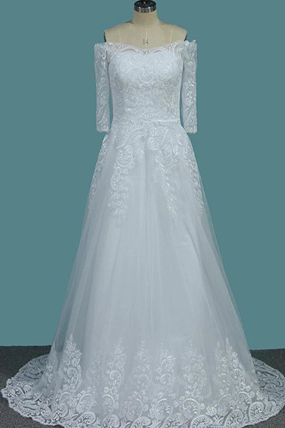 Special Offer A Line White Off the Shoulder Half Sleeves Lace Appliques Tulle Wedding Dresses