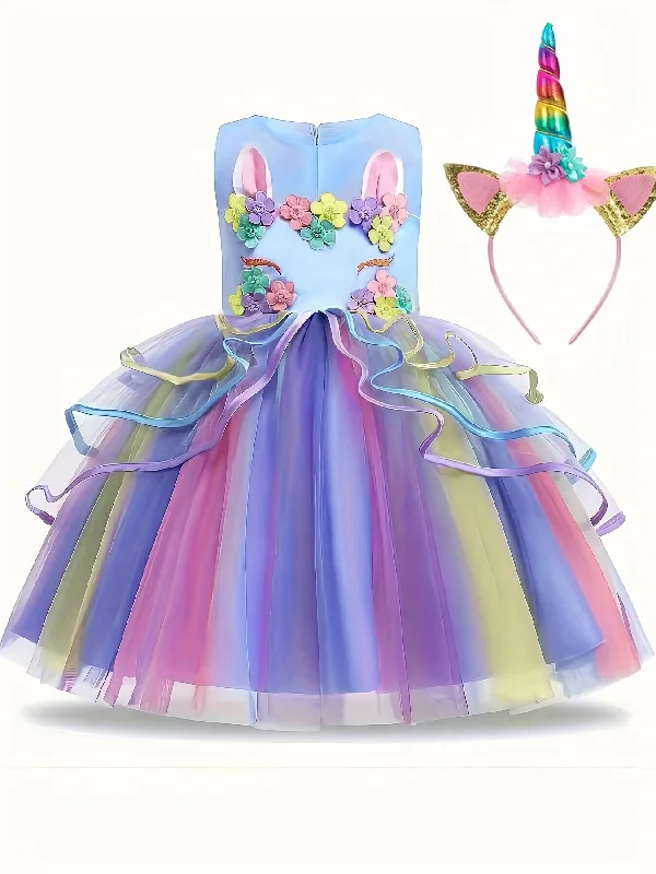 Flash Sale, Don'T Miss Girls Unicorn Princess Dress Cute Unicorn Floral Print Mesh Princess Dress Tulle Dresses (with Headgear)