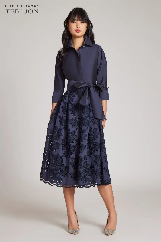 Dive Into Trendy Women's Fashion Taffeta Floral Eyelet Shirt Dress