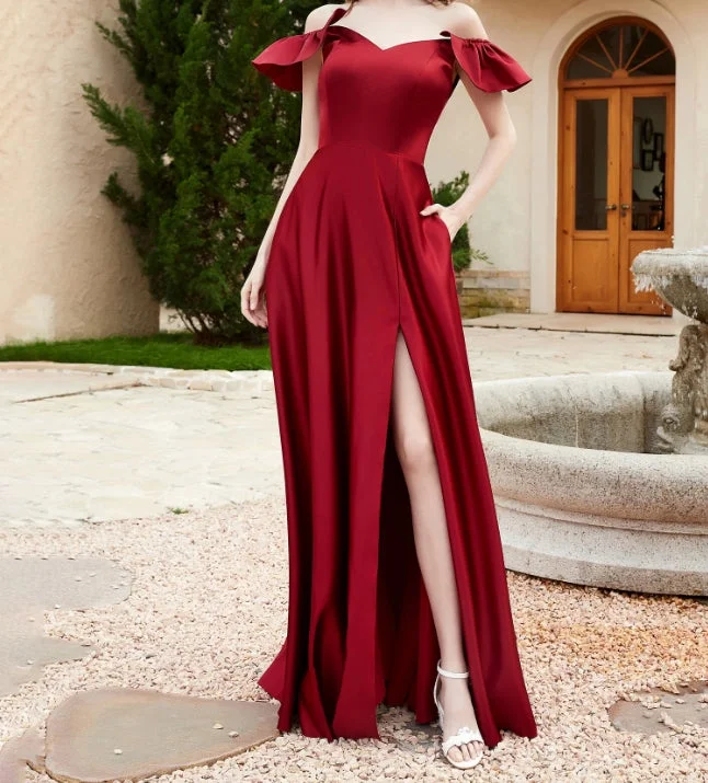 Evening Looks Evening Dress Off The Shoulder Satin Gown Pocket Dress