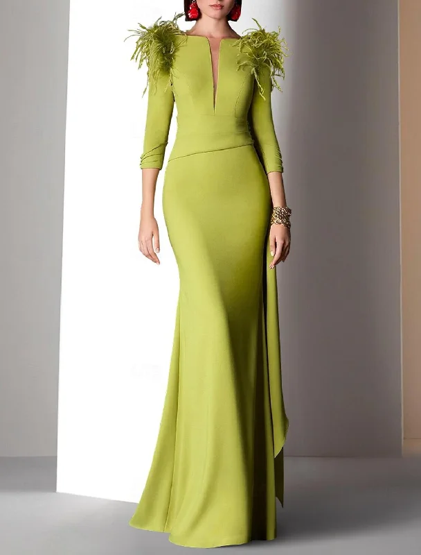 Get The Latest Trends Gown Elegant Formal Fall Floor Length 3/4 Length Sleeve V Neck Satin with Feather Ruched Ruffles Evening Dress