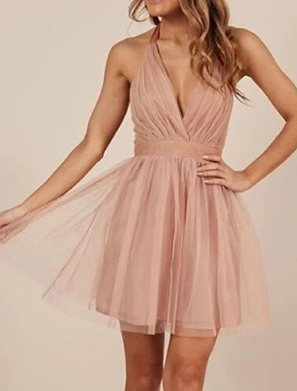 Style Your Wardrobe A-Line Minimalist Sexy Homecoming Cocktail Party Dress Halter Neck Sleeveless Short / Mini Tulle with Sash / Ribbon Pleats