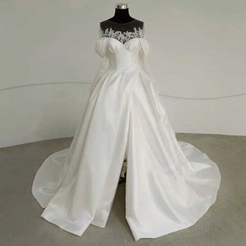 Season Sale Sheer Lace Sleeve O-neck Satin Wedding Dress with Slit