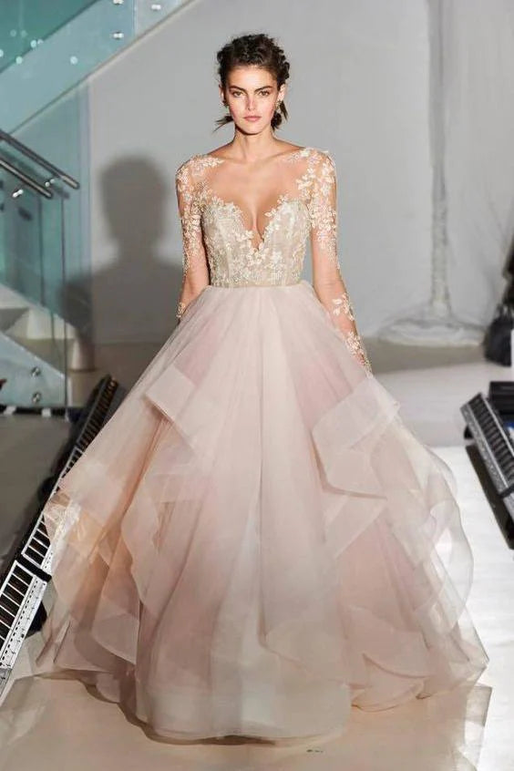 Fashion Sale Fashion Ball Gown Lace Sheer Illusion Tulle Backless Long Asymmetrical Wedding Dress