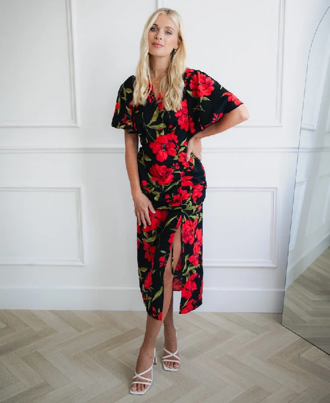 Budget-Friendly Fashion Black and Red Floral Wrap Midi Dress