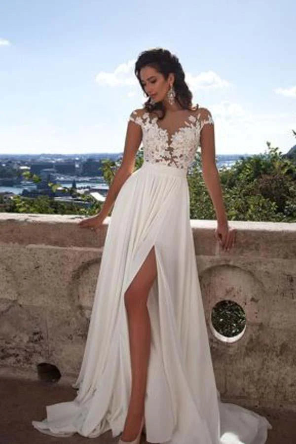 Trend Driven Wardrobe A-Line Top Lace Appliques Side Slit Chiffon Cap Sleeves Cheap Wedding Dress