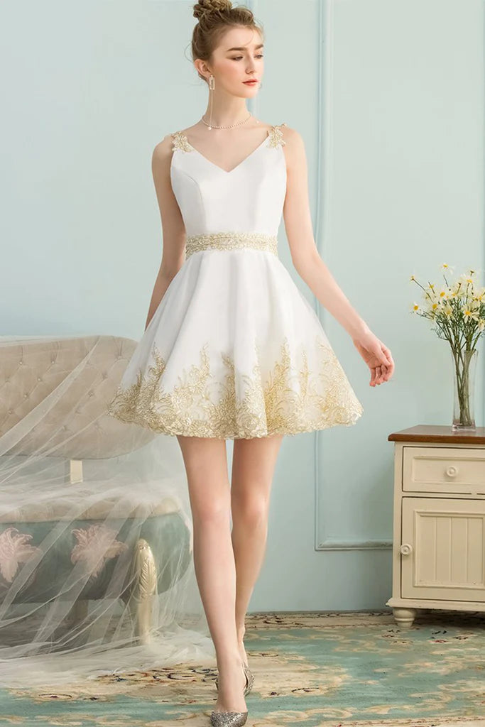 Travel Essentials A-Line V-Neck Appliques Short White Satin Homecoming Dress