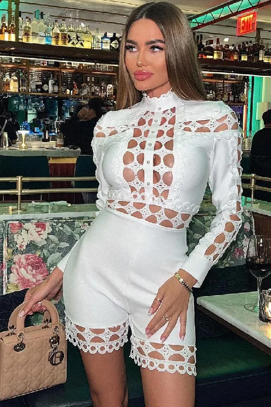 Huge Markdowns Sexy Pearl Beaded Mock Neck Long Sleeve Lace Cutout Bandage Romper