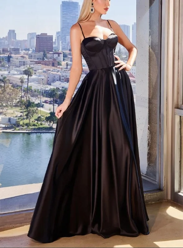 Gorgeous Glamour Collection Evening Dress Luxe Satin A-Line Sweetheart Neckline Gathered Waistline Leg Slit Back Lace-up Corset Black Formal Dress