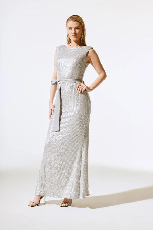 Chic Style, Always In Vogue Joseph Ribkoff Silver Sequined Gown With Satin Sash