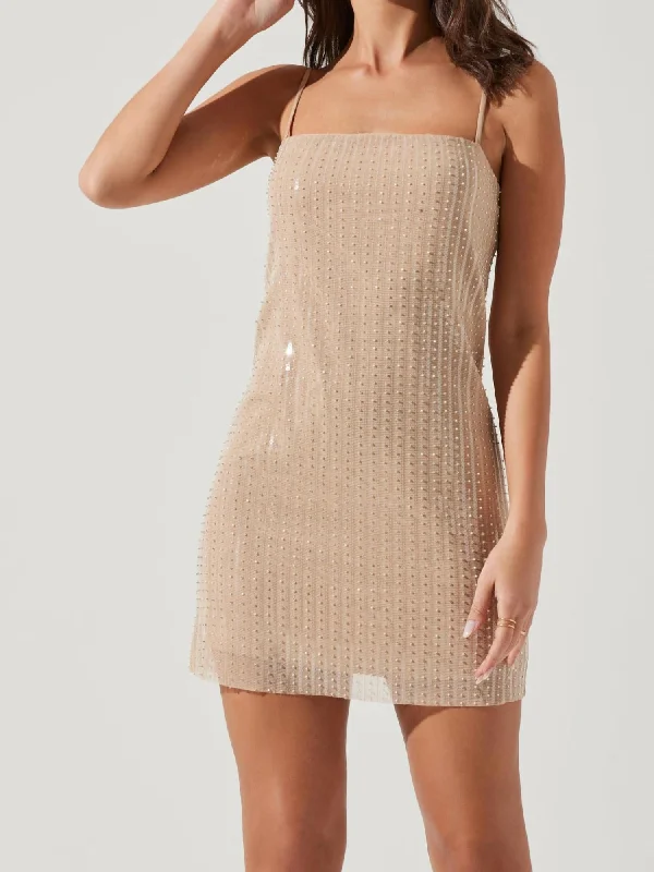 Chic And Trendy Vegas Beaded Mini Dress In Nude