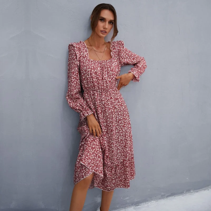 Inspired By You, Designed For You IKEARLAX  autumn   dress floral square neck long-sleeved chiffon ruffle edge medium and long floral skirt