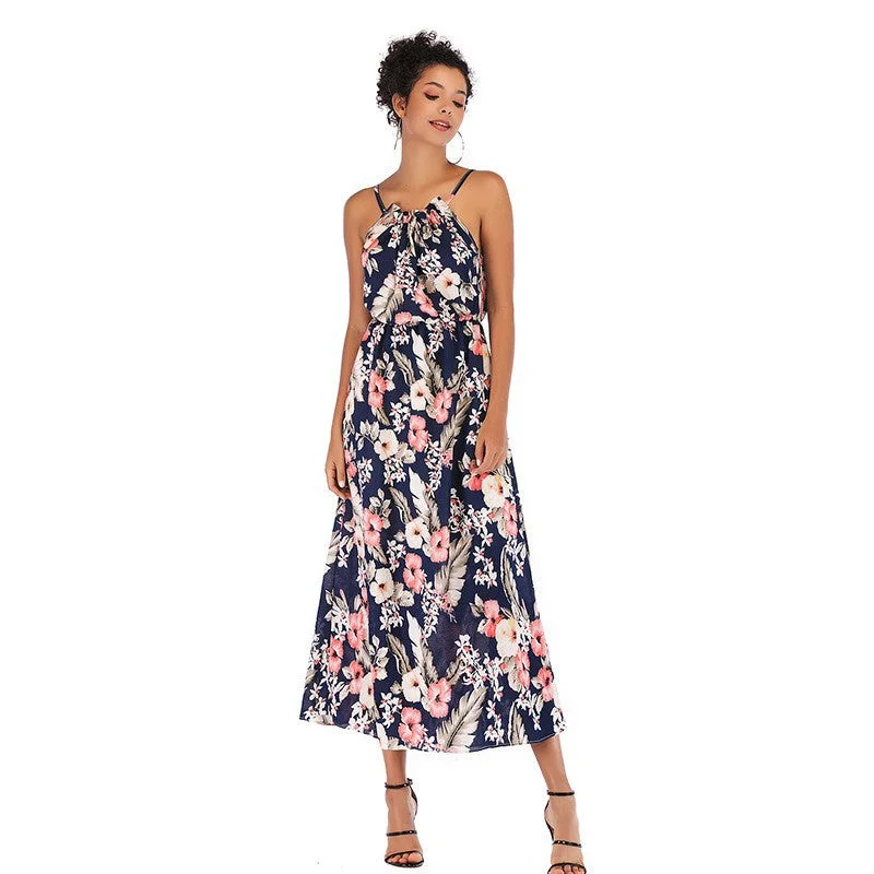 Hot Styles IKEARLAX cross-border women's printed chiffon dress,  summer sleeveless medium and long pendulum floral suspender skirt