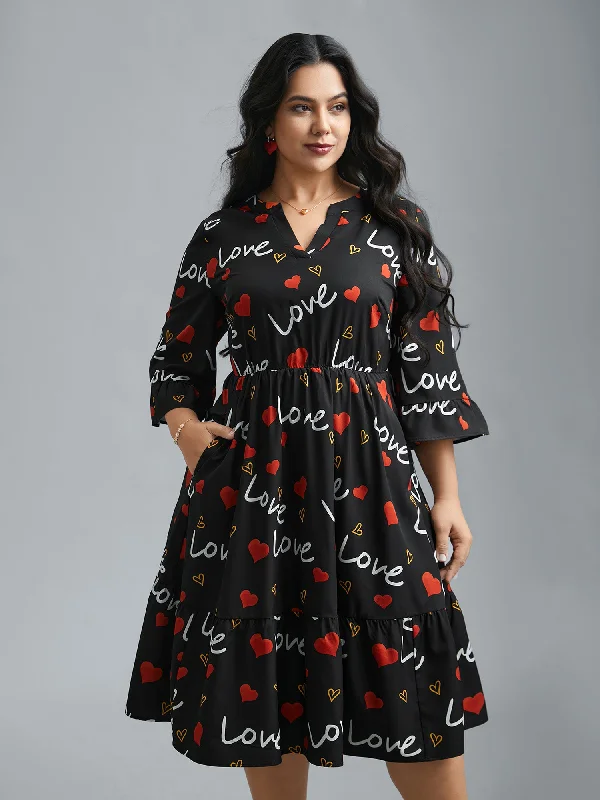 Fashion-Forward Style Notched Collar Heart Print Tiered Midi Dress