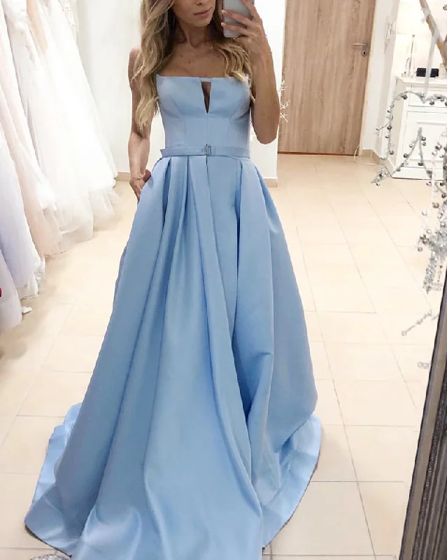 Save On Inspired Styles Unique Style Strapless Satin A Line Sky Blue Long Formal Prom Party Gown PL01209