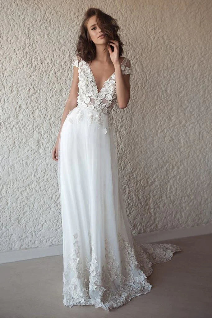 Best-Sellers A Line Tulle Lace Appliques Wedding Dresses Short Sleeve Backless V Neck Bridal Dress