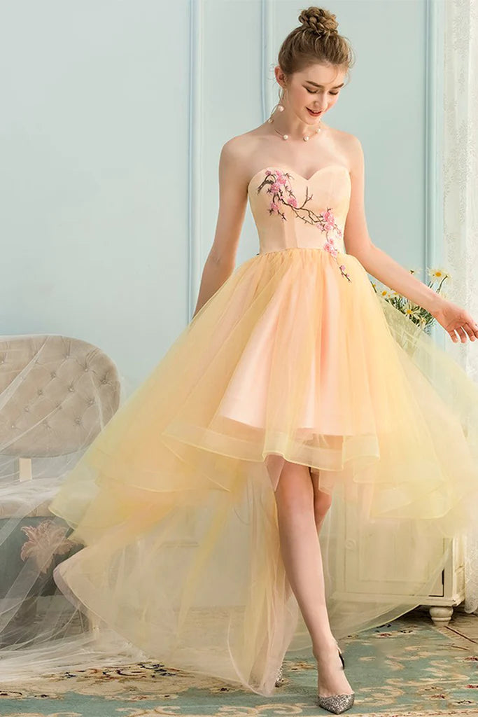 Limited Edition A-Line Sweetheart High Low Yellow Stretch Satin Homecoming Dress with Appliques