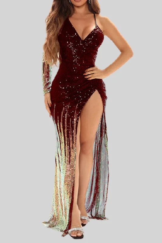 Mega Sales Hit Color Sequined Striking Asymmetric High Split Maxi Dress