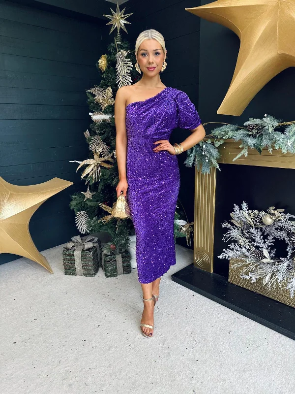 End - Of - Month Blowout Georgia One Shoulder Sequin Midi Dress Violet