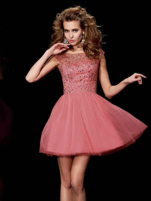 Final Sale A-Line/Princess Bateau Sleeveless Beading Short Satin Homecoming Dresses