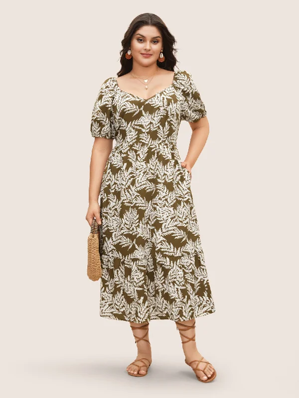 Style Without Limits Tropical Print Lantern Sleeve Midi Dress