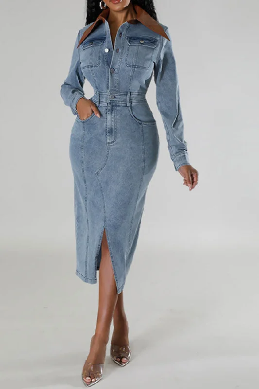 Limited Stock, Big Discounts Hit Color Patchwork Versatile Mid-Slit Denim Maxi Dress