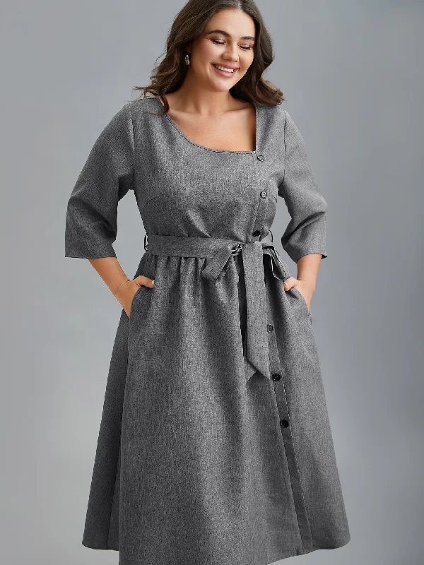 Classic Charm Asymmetrical Neckline Belted Pockets Midi Dress