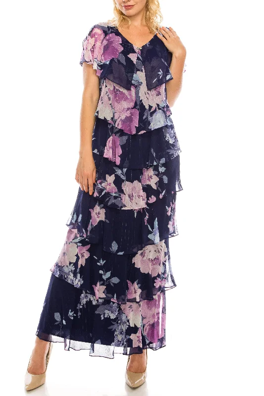 Everyday Basics SL Fashions 9171432 Long Formal Multi Floral Printed Tiered Dress