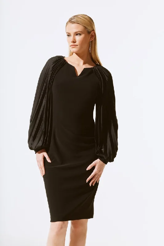 Comfort Centric Apparel Joseph Ribkoff Black Silky Knit Dress With Pleated Satin Sleeves