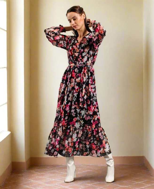 Save Big Black Floral Chiffon Maxi Dress