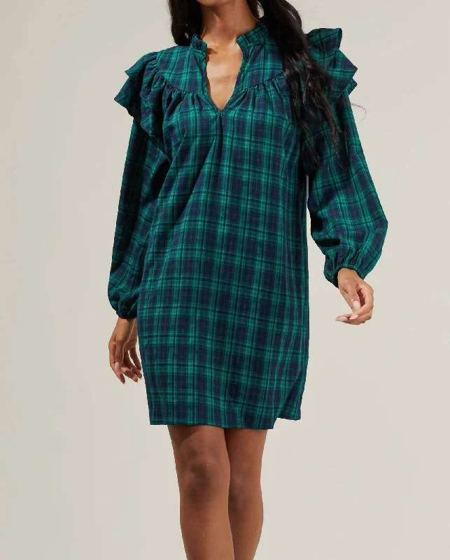 Update With Cottagecore Styles Raquel Plaid Babydoll Mini Dress In Green Multi