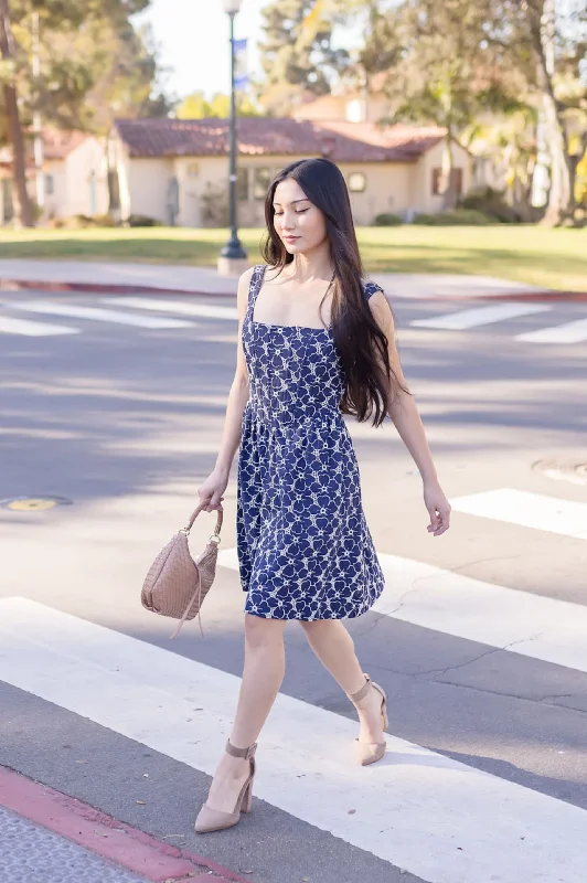 Limited Stock, Big Sale Gina Sleeveless Eyelet Floral Print Denim Mini Dress Dark Wash