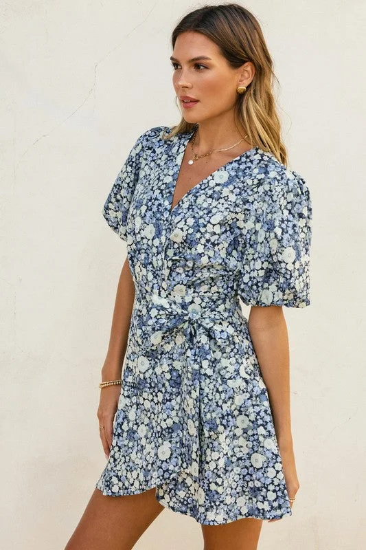 Trendy Aesthetics Charlie Short Puff Sleeve Floral Print Wrap Mini Dress Navy