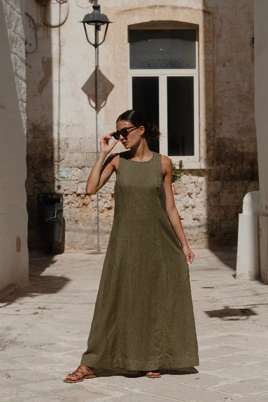 Athleisure Wear Special Offer Easygoing Khaki Linen Blend Sleeveless Crew Neck Midi Dress