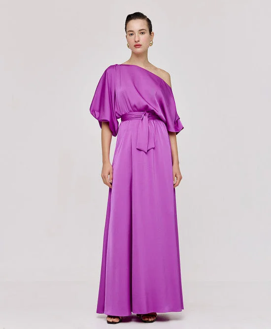 Trend Alert Access Fashion Violet Satin Dress With Asymmetric Sleeves