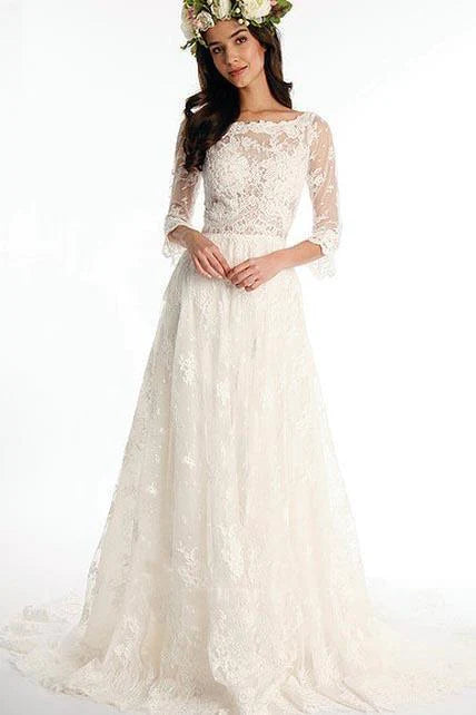 Chic Styles A line Bateau Half Sleeve Lace Wedding Dress With Sweep Train V Back Bridal Dress