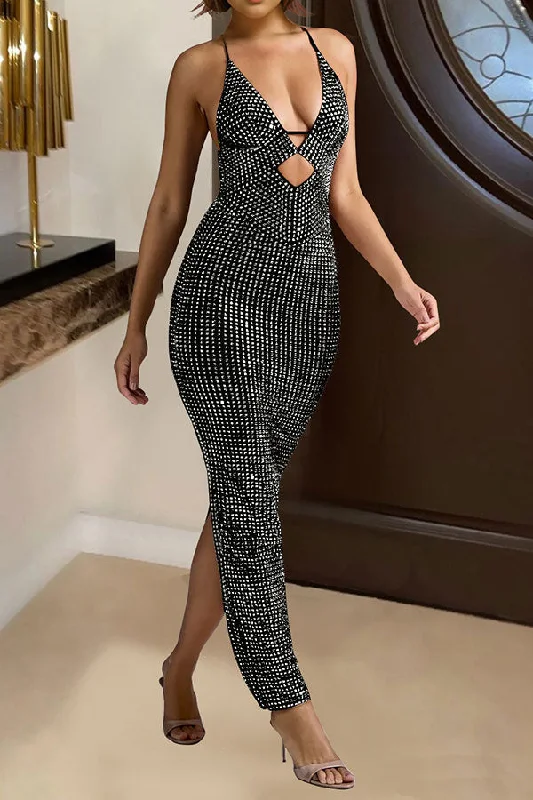 Limited Edition Rhinestone Glistening Plunging Cutout Back Slit Maxi Dress